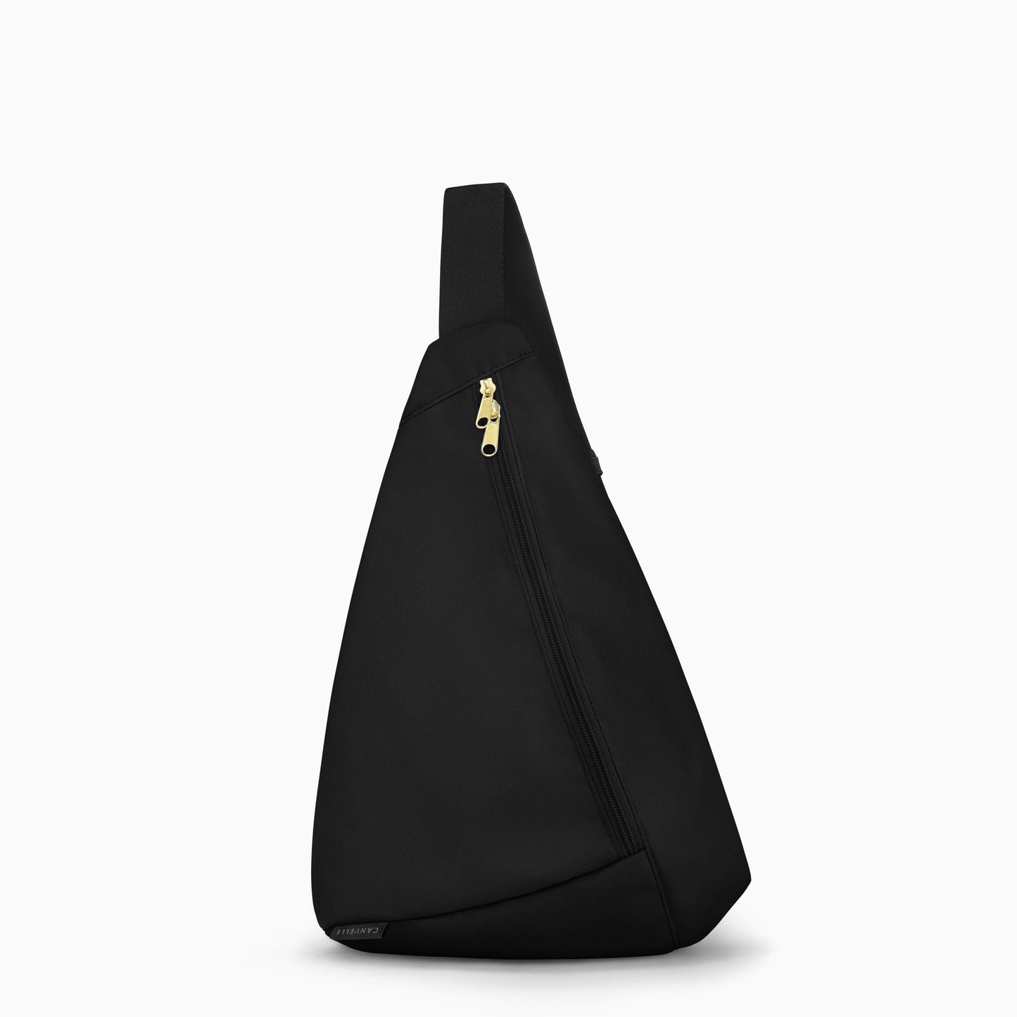 Front view of the canvelle everyday black sling bag featuring multiple zippered pockets and an adjustable strap