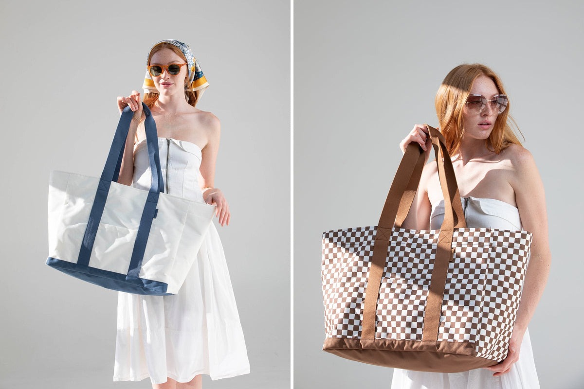 Canvelle Beach Tote in Natural + Blue beside the Brown + White Checkered Beach Tote