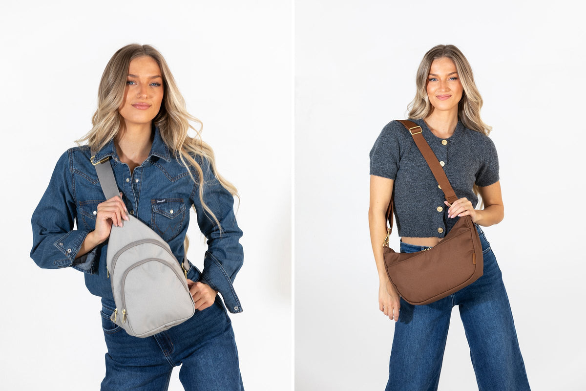 Grey Canvelle City Sling Bag worn across the chest beside a brown Crescent Crossbody Bag worn at the hip