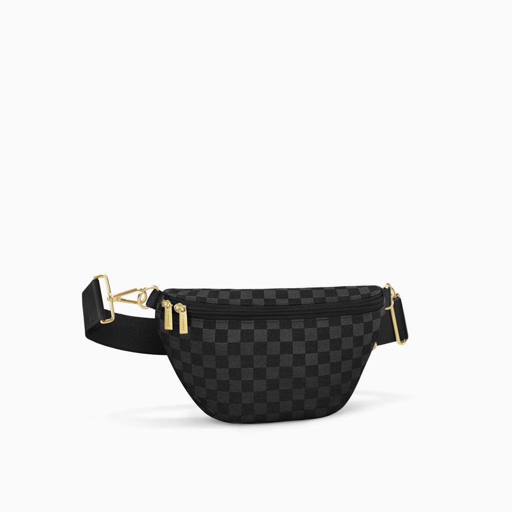 Canvelle Bum Bag in black checkered canvas with gold hardware – front view.