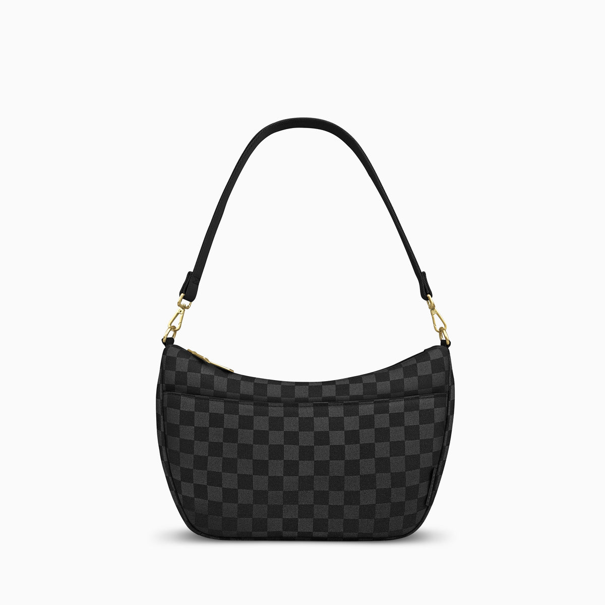 Canvelle Crescent Shoulder Bag in black checkered canvas with gold hardware and shoulder strap - Front view.