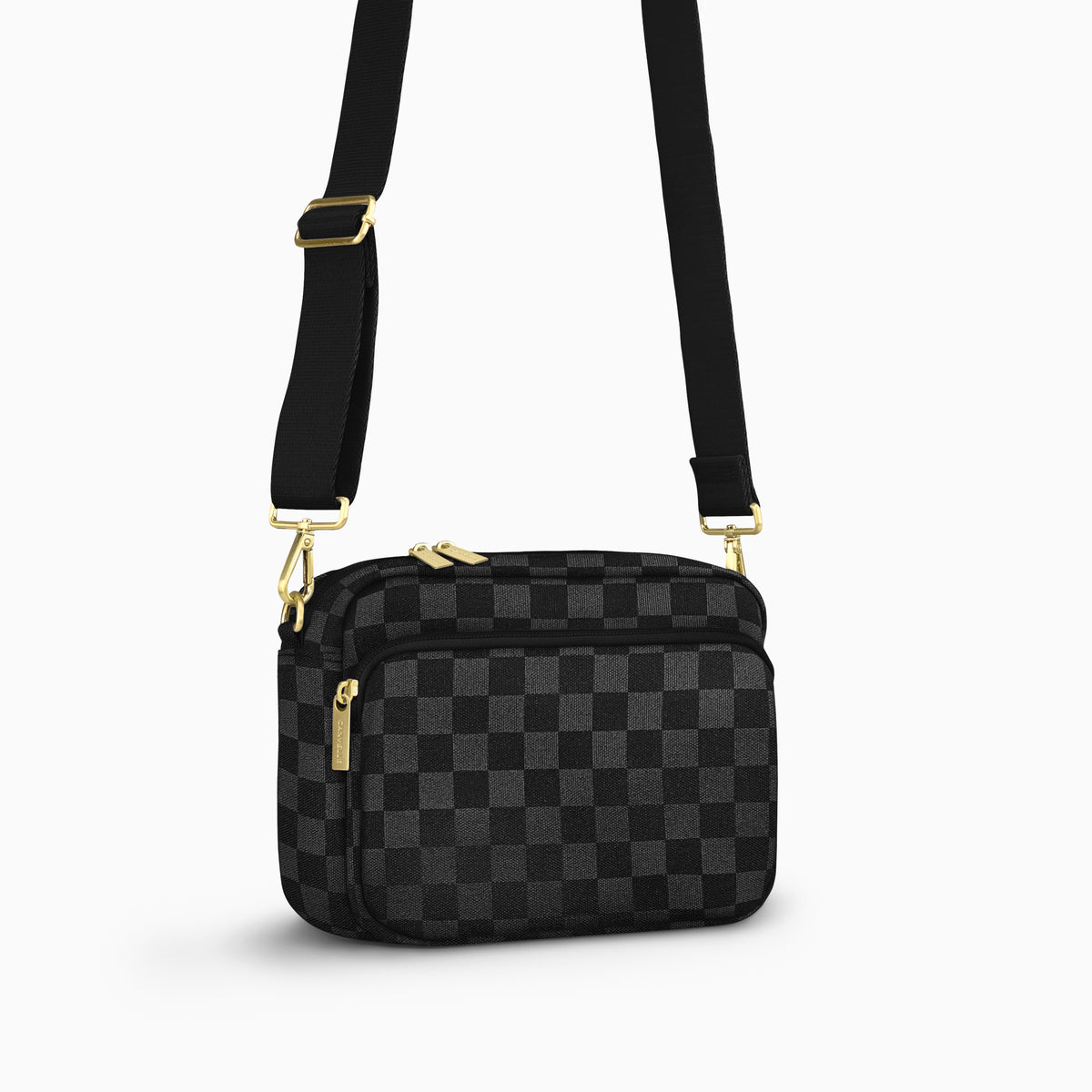 Canvelle City Crossbody Bag in medium black checkered canvas with gold hardware – front view.