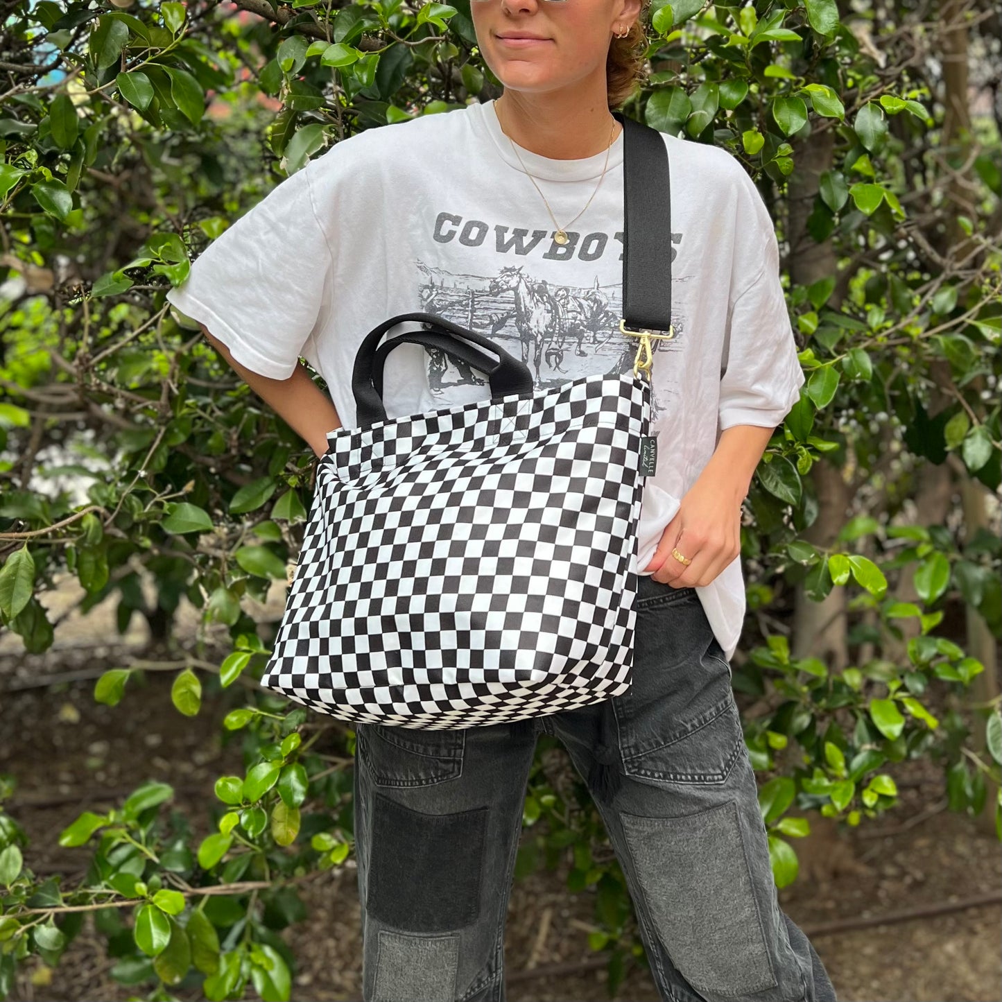 Crossbody Tote - Black + White Checkered