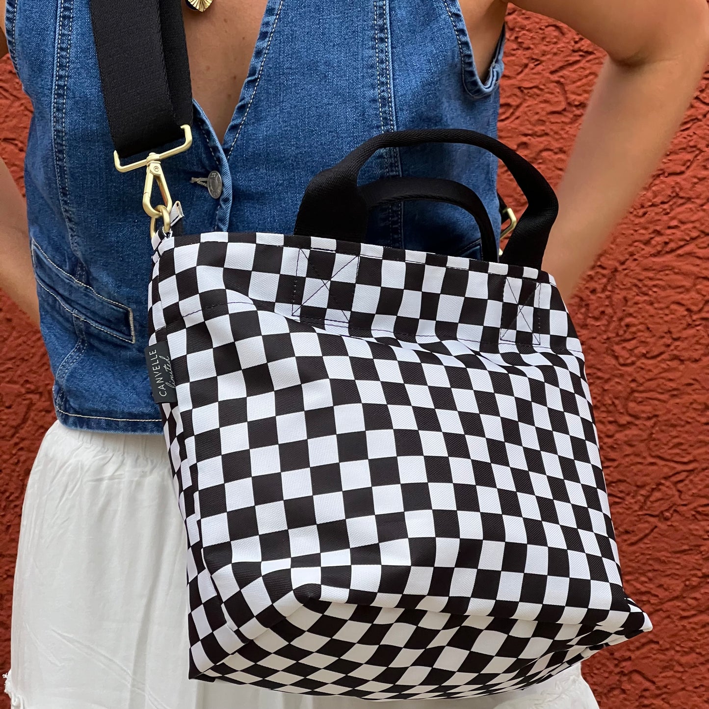 Crossbody Tote - Black + White Checkered