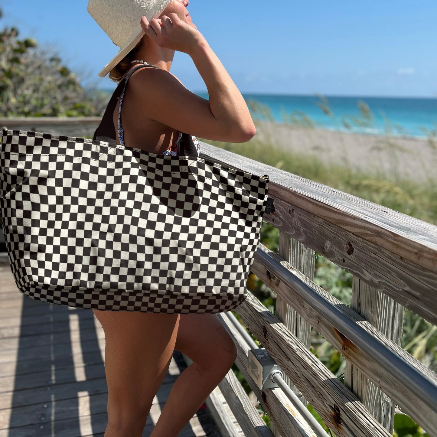 Crossbody Tote - Black + White Checkered