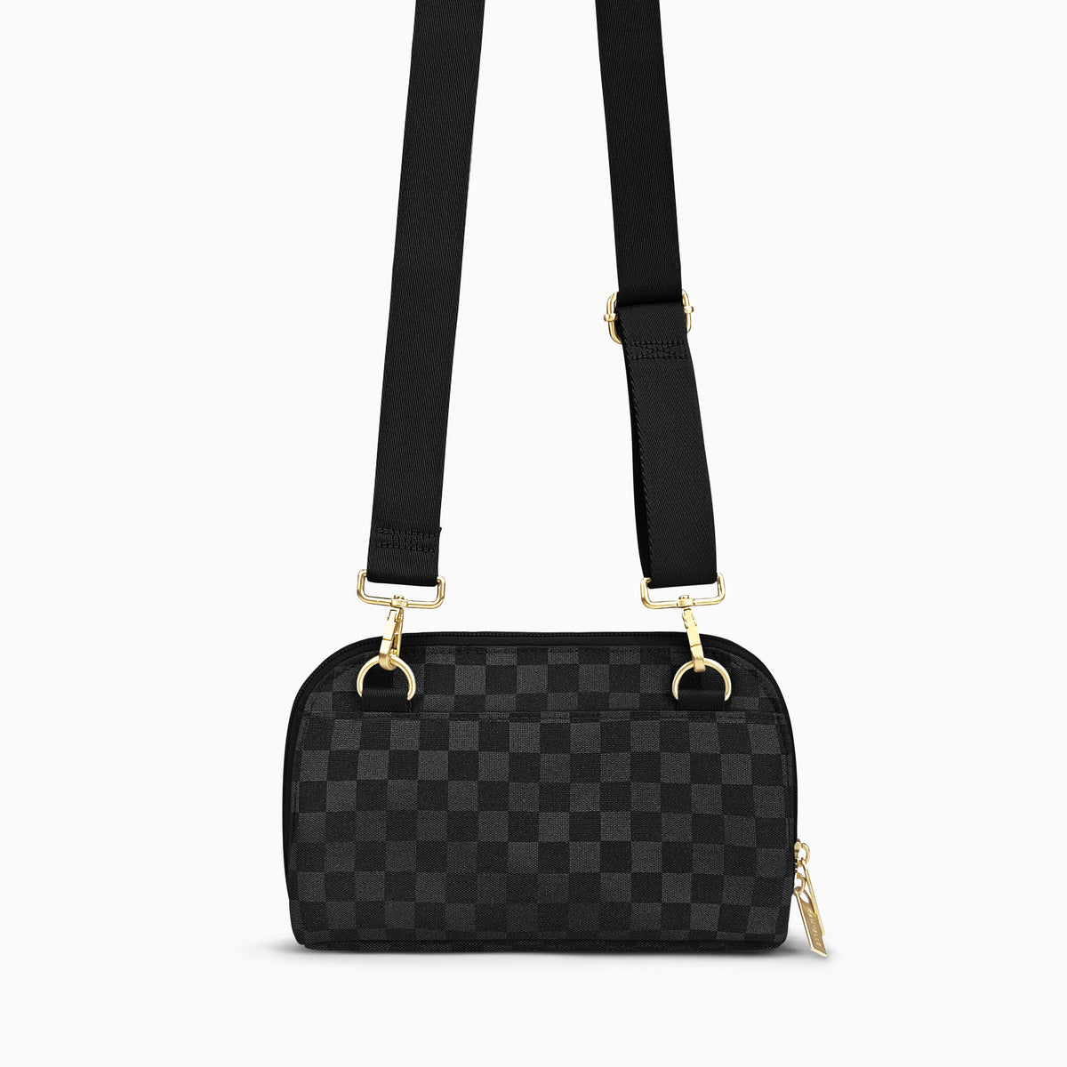 Black Checkered Canvelle Crossbody Wallet with gold hardware, back view