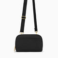 Black Canvelle Crossbody Wallet with gold hardware and crossbody strap, front view