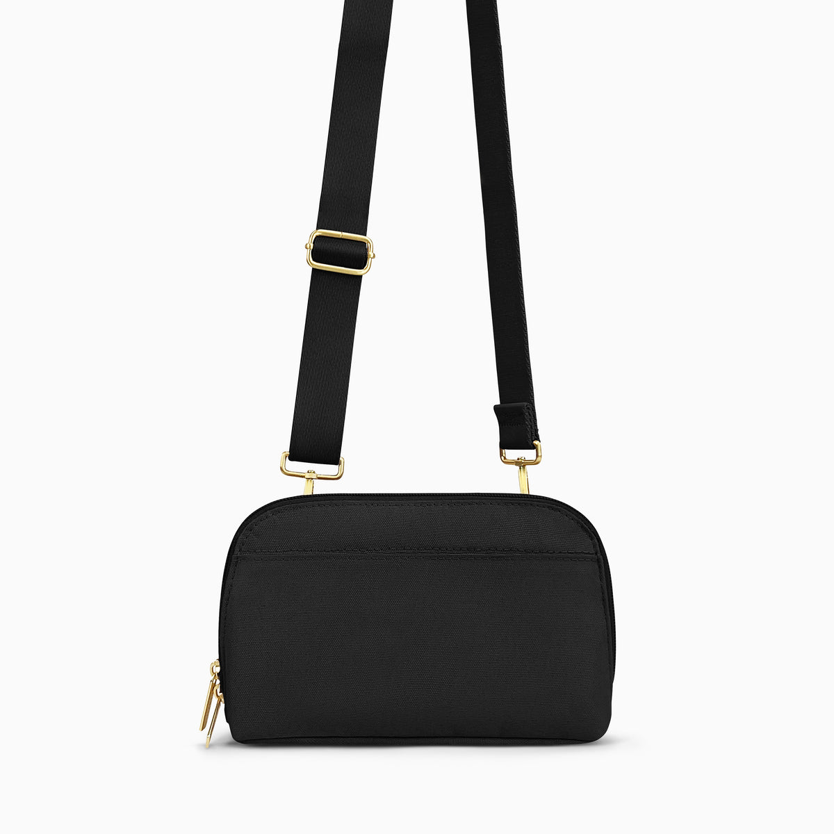 Black Canvelle Crossbody Wallet with gold hardware and crossbody strap, front view