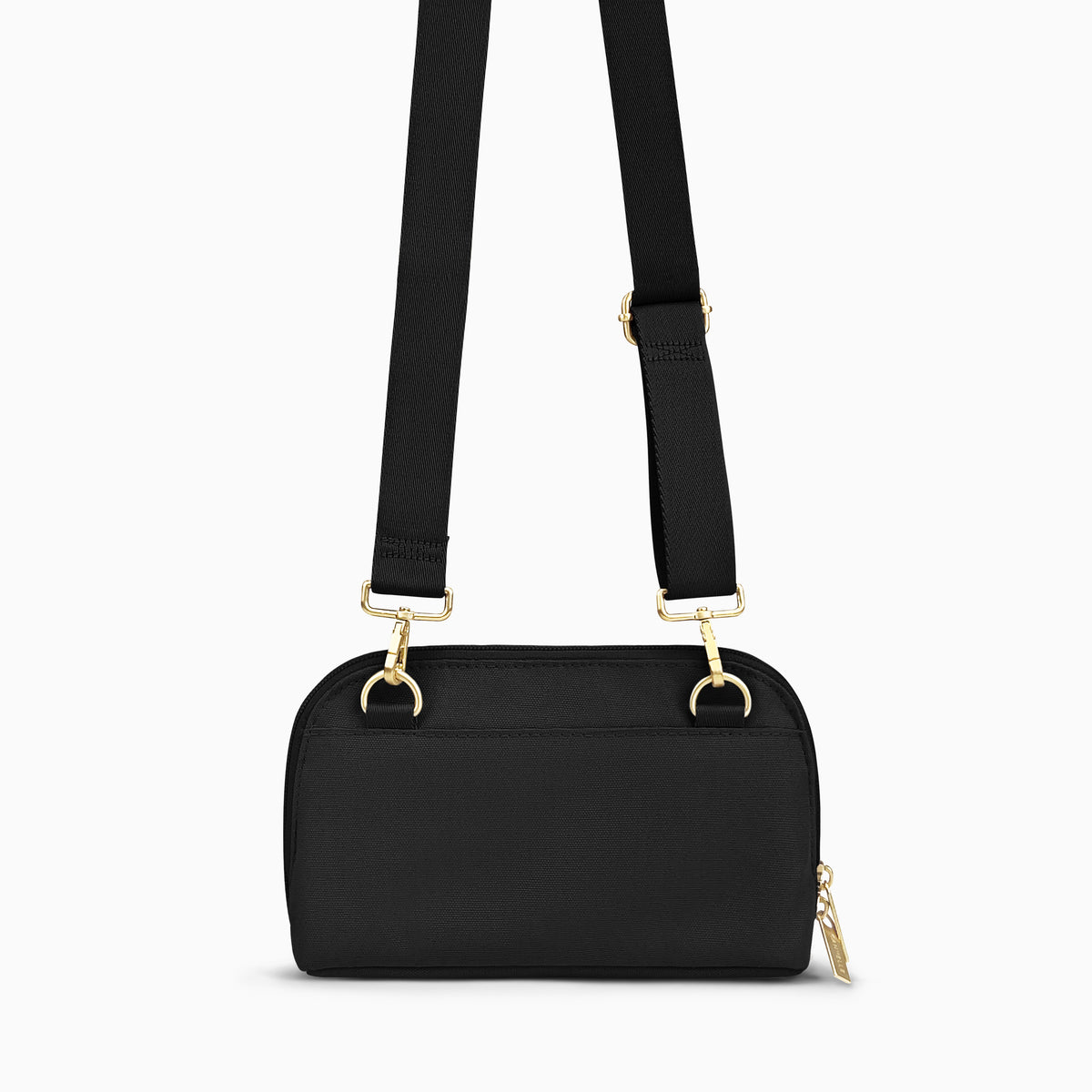 Black Canvelle Crossbody Wallet with gold hardware, back view