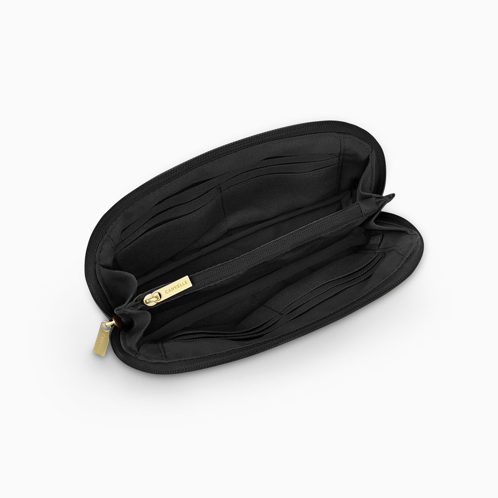 Black Canvelle Crossbody Wallet opened to show card slots, cash pockets and center zip pocket