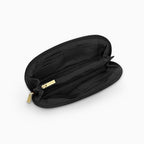 Black Canvelle Crossbody Wallet opened to show card slots, cash pockets and center zip pocket