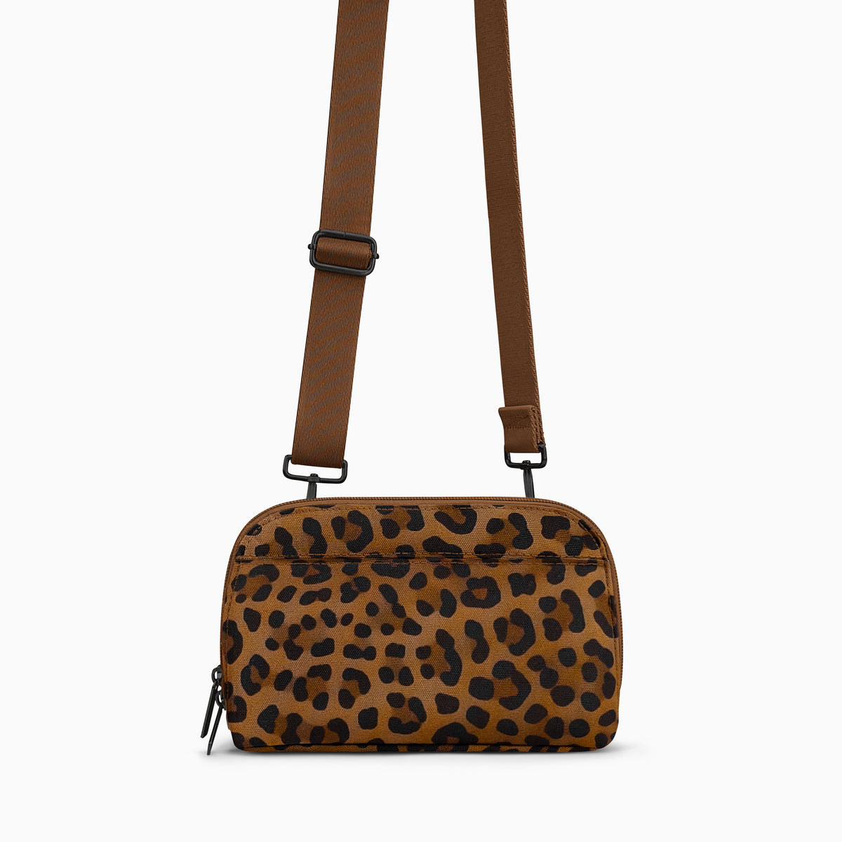 Brown Leopard Canvelle Crossbody Wallet with black hardware and brown crossbody strap, front view