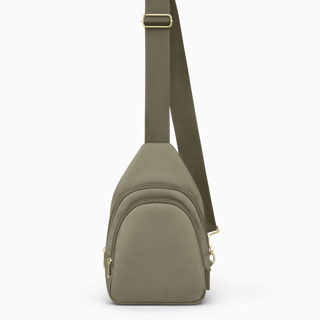 Canvelle City Sling Bag in small olive green recycled polyester canvas with gold hardware - Front view.