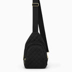 Canvelle City Sling Bag in small quilted black recycled polyester with gold hardware - Front view.