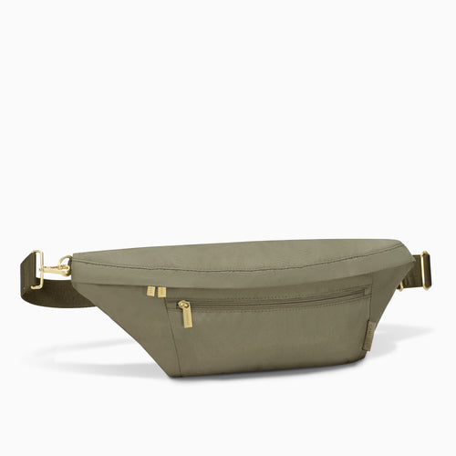 Canvelle Crossbody Fanny Pack in olive recycled polyester canvas with gold hardware – front view.