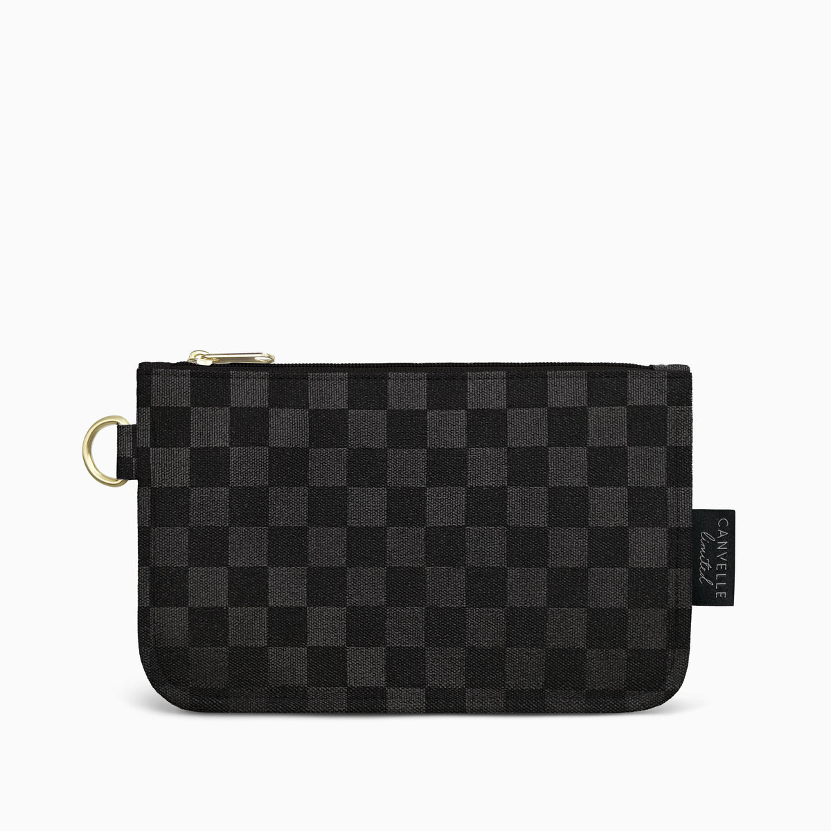 Canvelle Flat Pouch in medium black checkered canvas with gold hardware - Front view.
