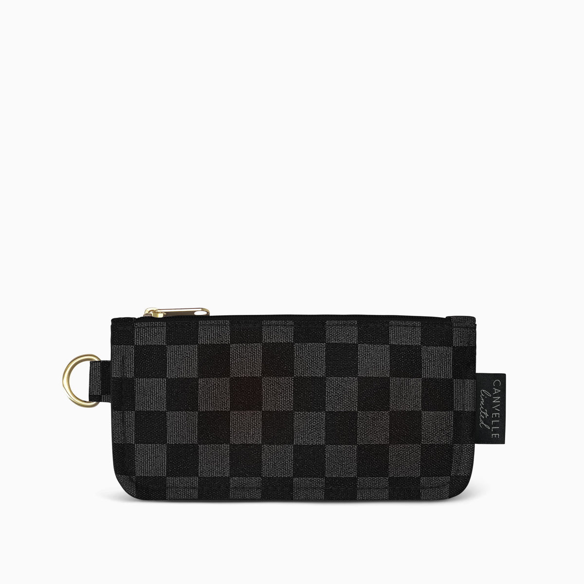 Canvelle Flat Pouch in small black checkered canvas with gold hardware - Front view.