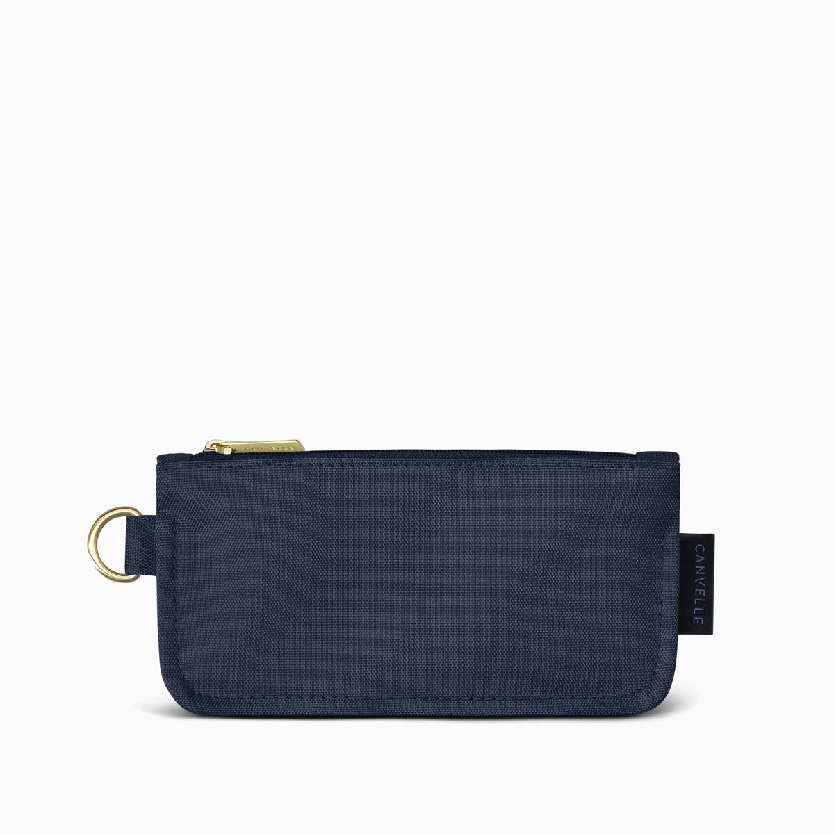 Canvelle Flat Pouch in small navy canvas with gold hardware - Front view.