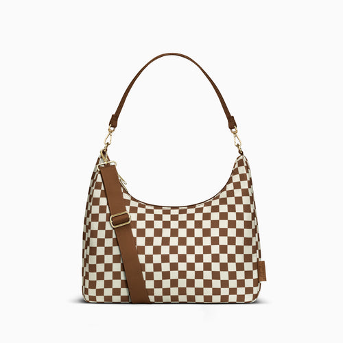 Canvelle Hobo Handbag in brown and white checkered canvas with gold hardware – front view.