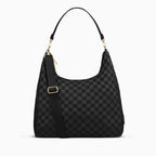 Canvelle Hobo Handbag in large black checkered recycled polyester canvas with gold hardware - Front view with shoulder strap and tucked crossbody strap.