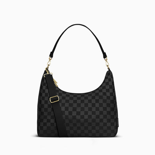 Canvelle Hobo Handbag in black checkered canvas with gold hardware – front view.