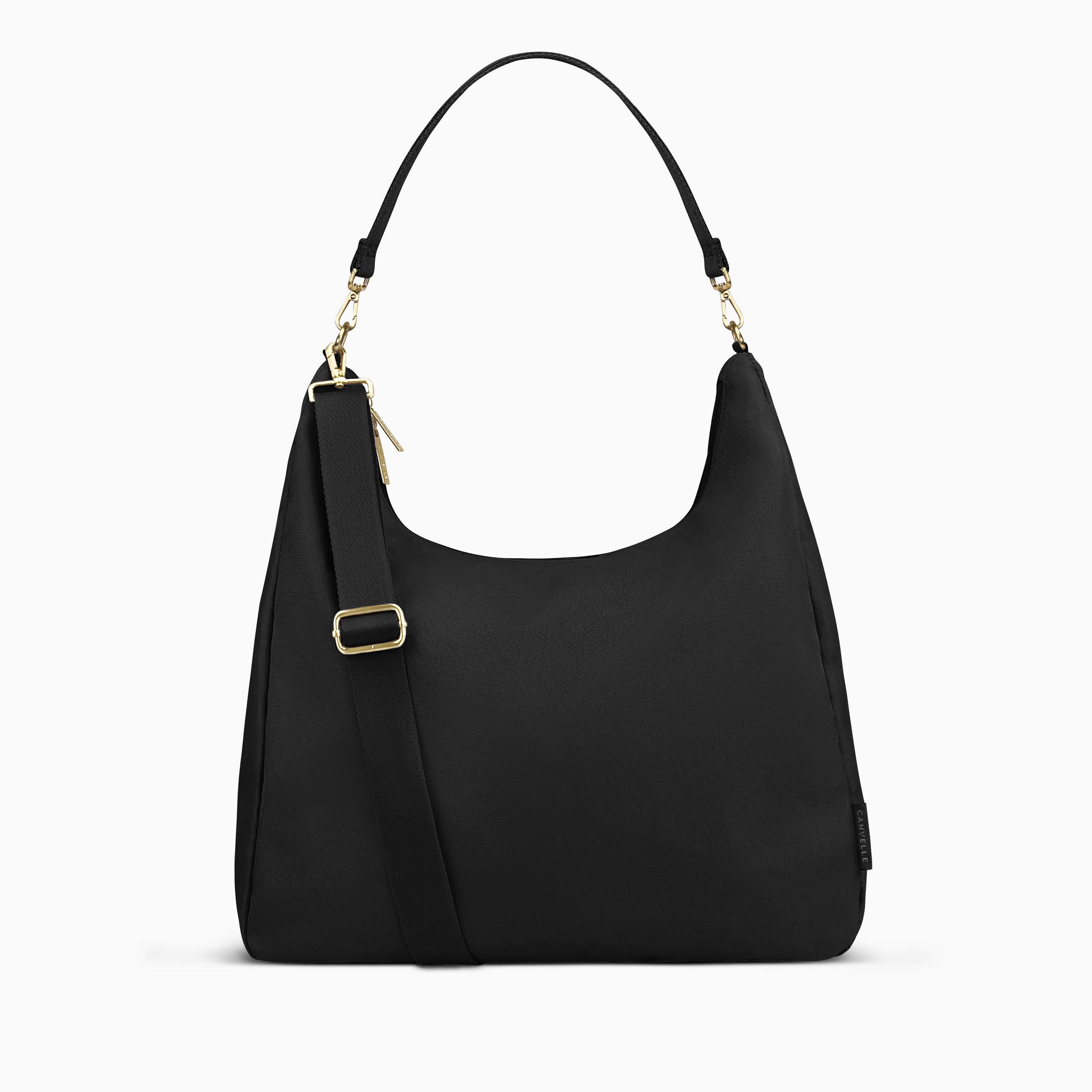 Canvelle Hobo Handbag in large black recycled polyester canvas with gold hardware - Front view with shoulder strap and tucked crossbody strap.