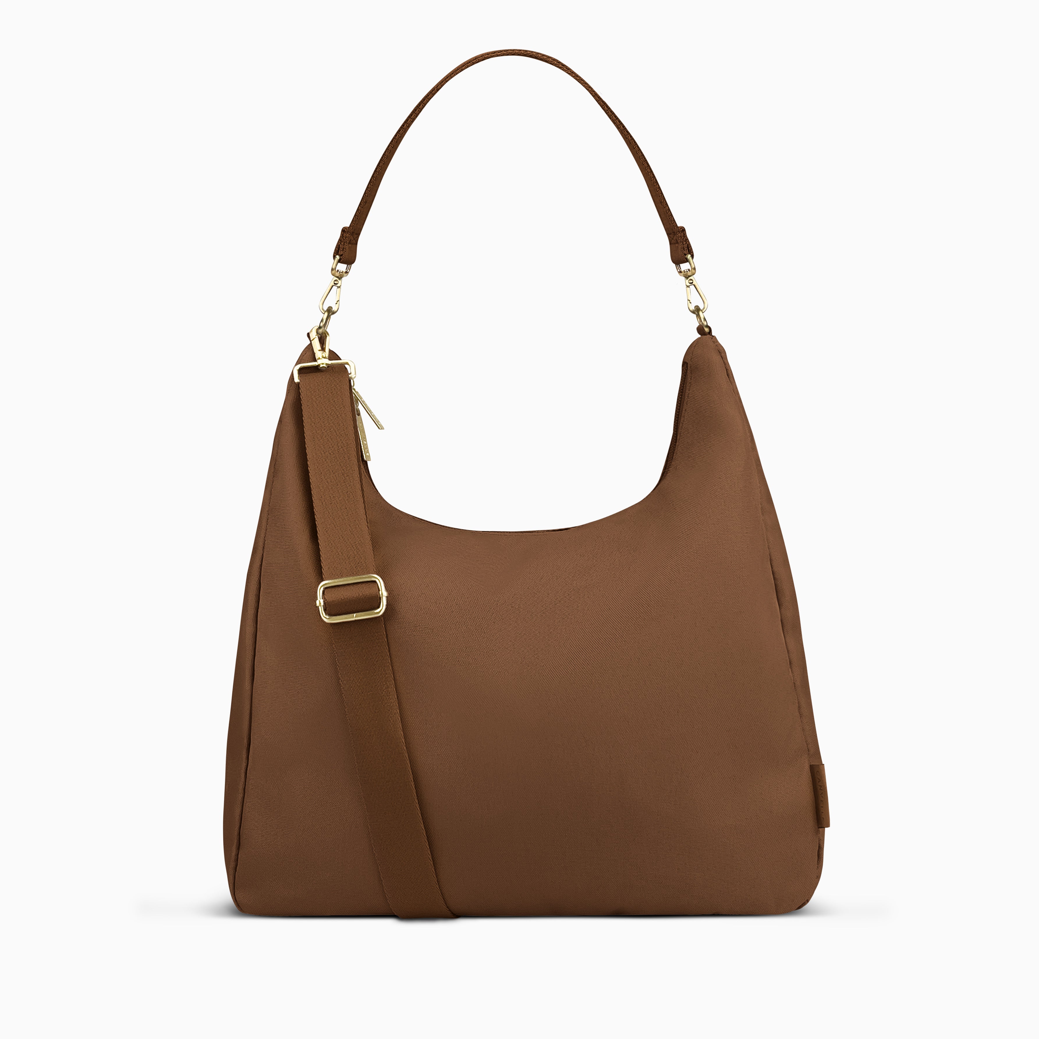 Canvelle Hobo Handbag in large brown recycled polyester canvas with gold hardware - Front view with shoulder strap and tucked crossbody strap.