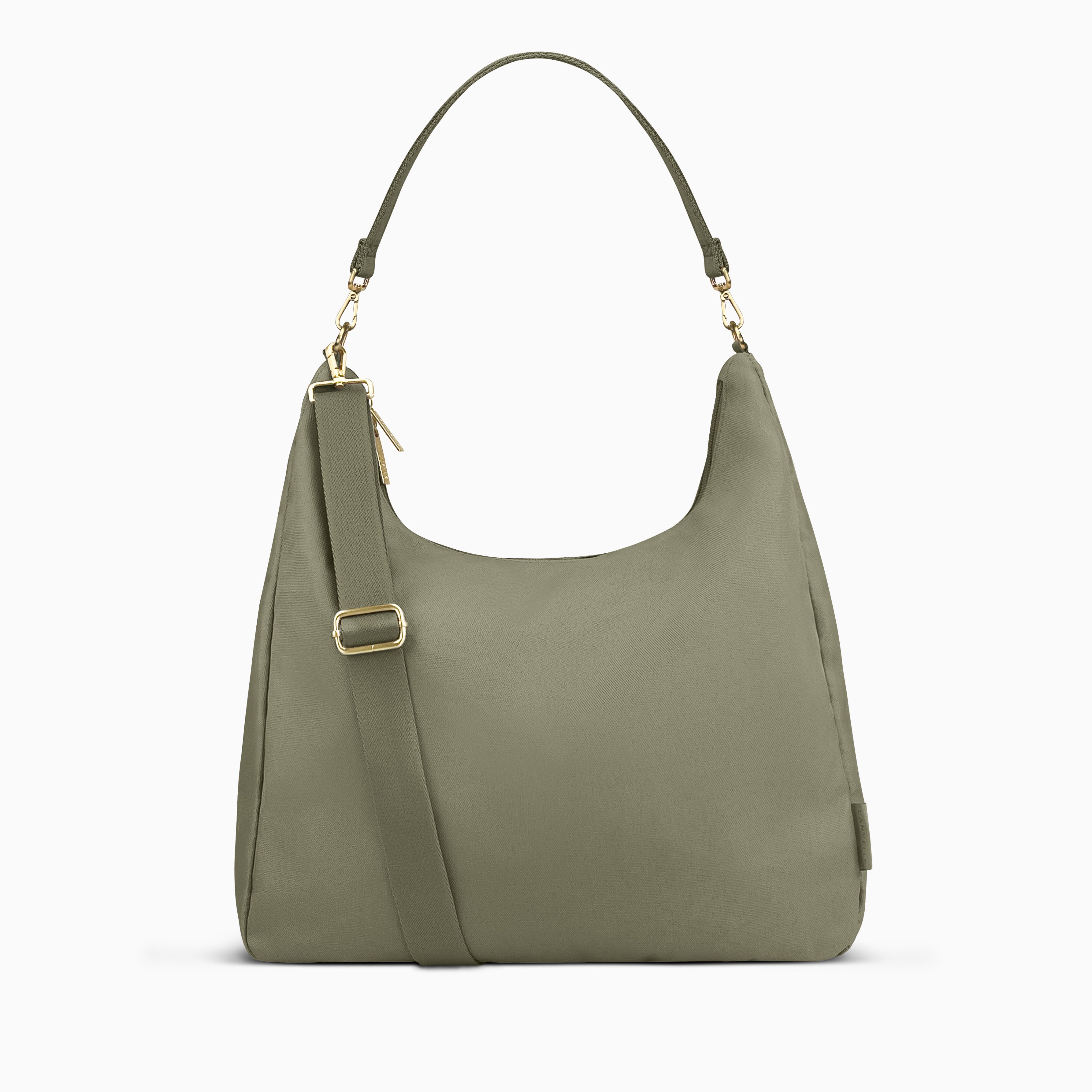 Canvelle Hobo Handbag in large olive recycled polyester canvas with gold hardware - Front view with shoulder strap and tucked crossbody strap.