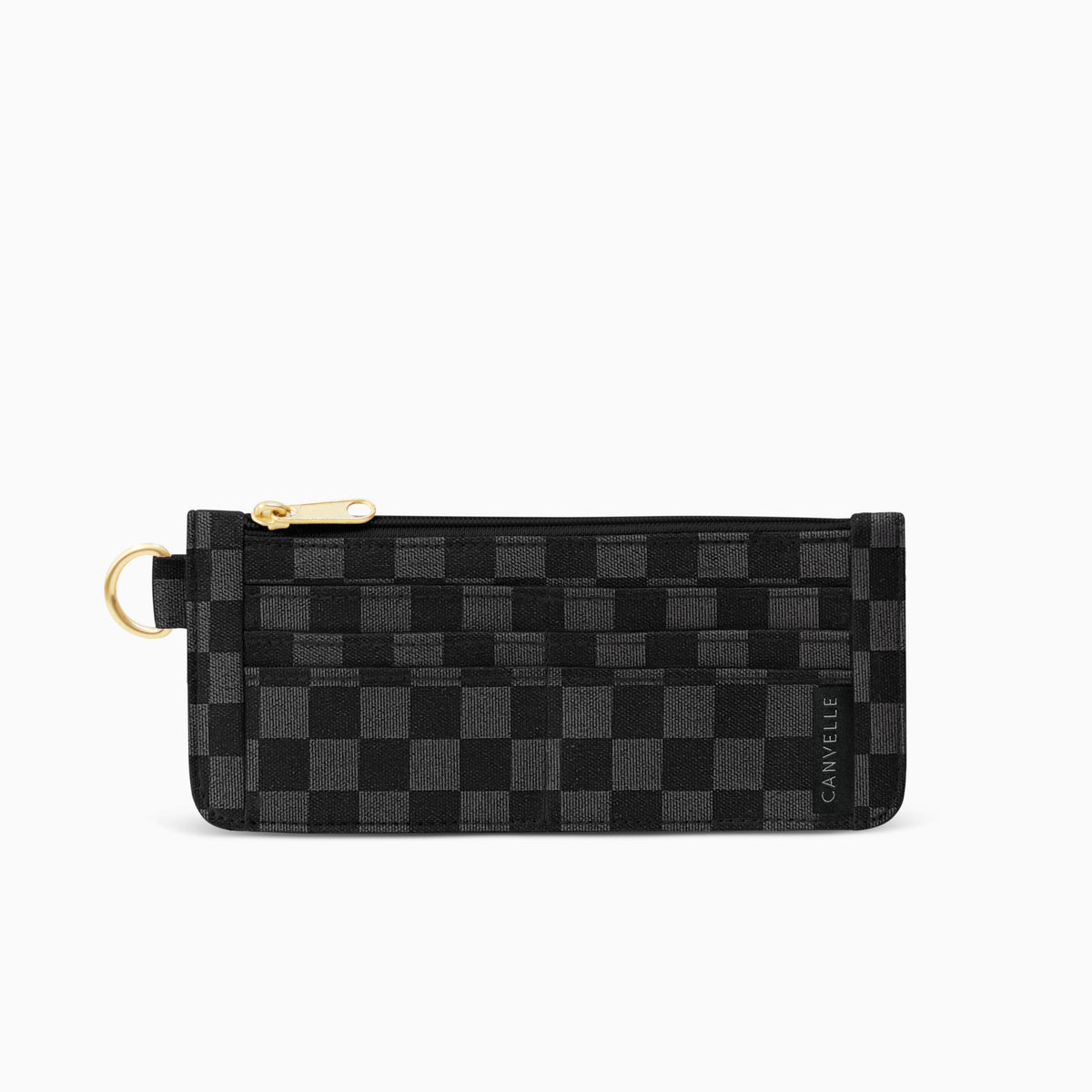 Canvelle Slim Wallet in black checkered canvas with gold hardware - Front view showing card slots.