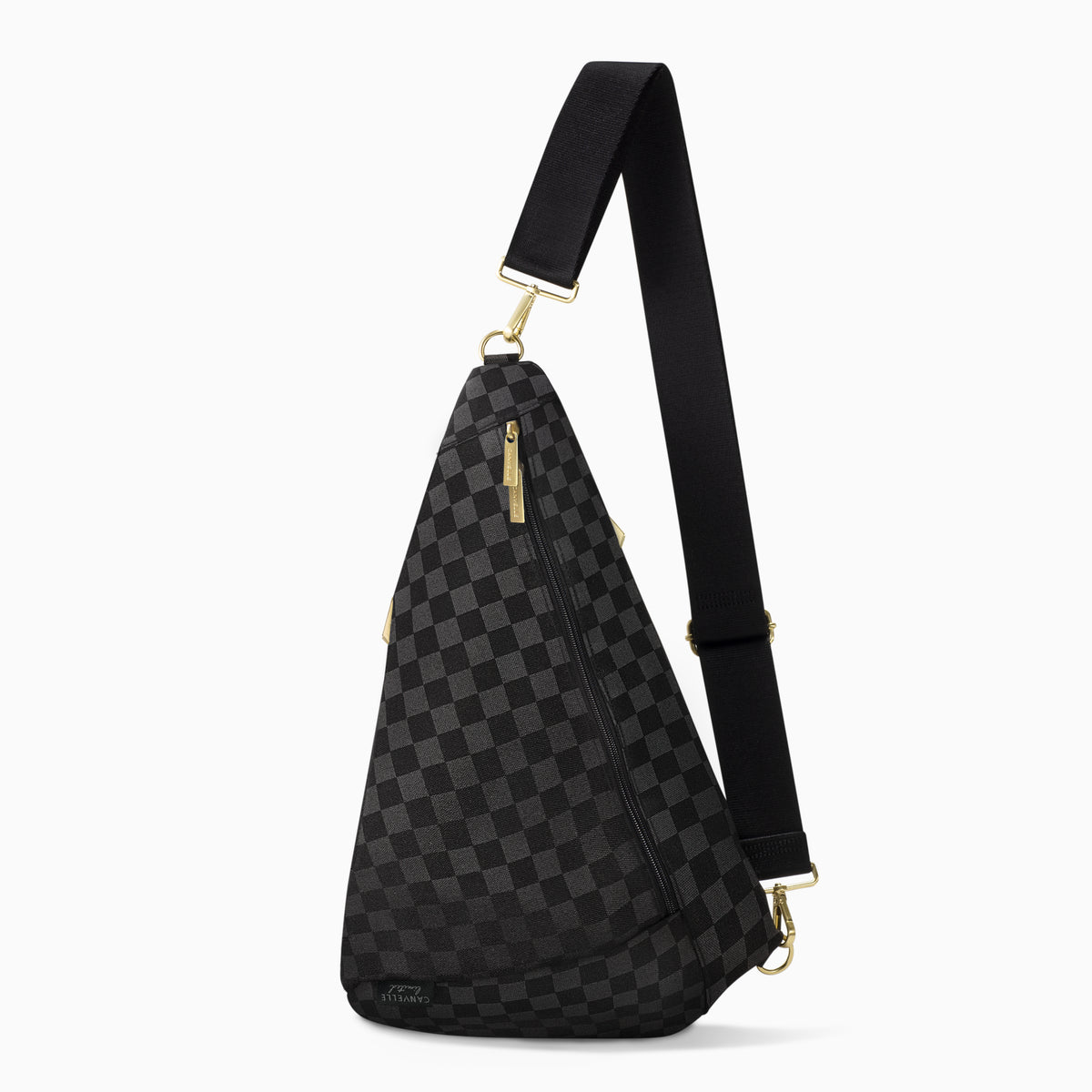 Canvelle Contour Sling Bag in black checkered canvas with gold hardware – front view.