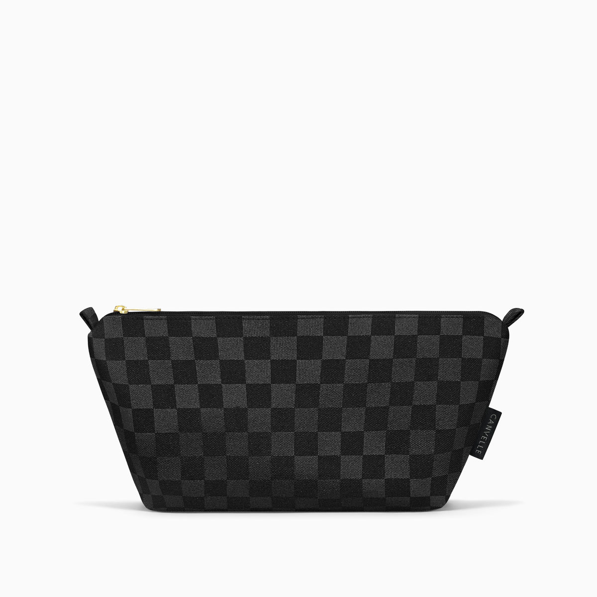 Canvelle Toiletry Pouch in medium black checkered canvas with gold hardware - Front view.