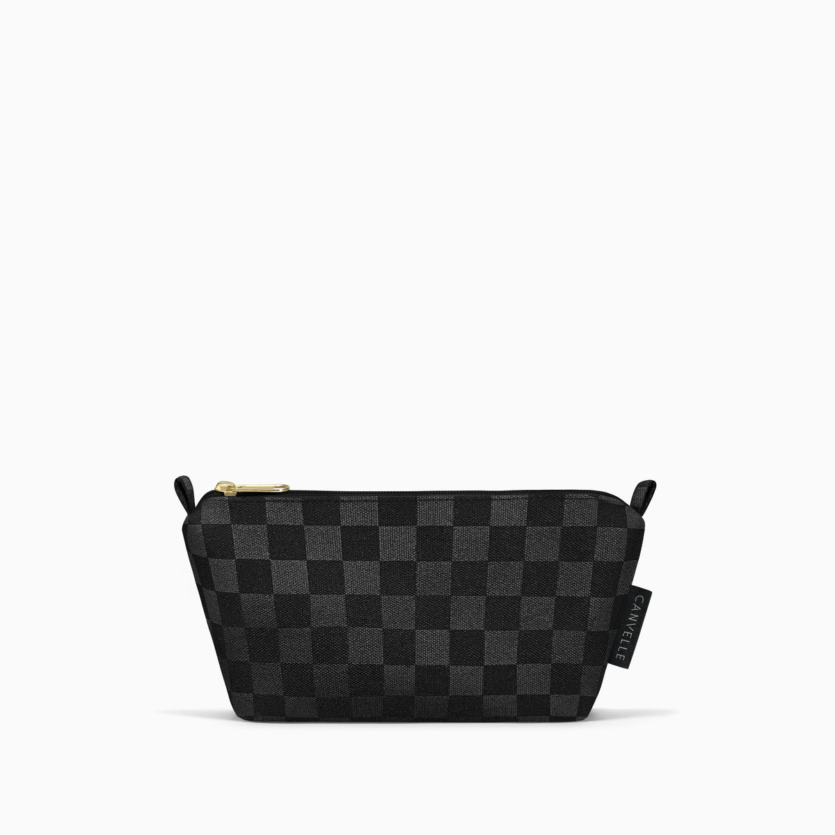 Canvelle Toiletry Pouch in small black checkered canvas with gold hardware - Front view.