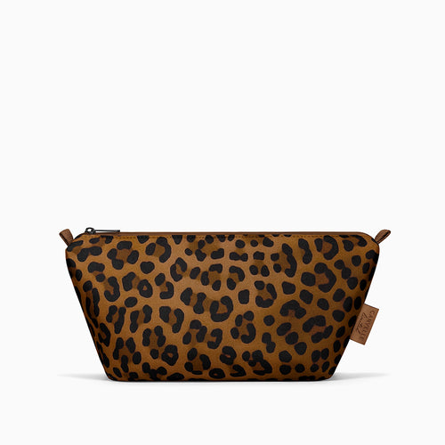 Canvelle Toiletry Pouch in medium brown leopard print canvas with black hardware - Front view.