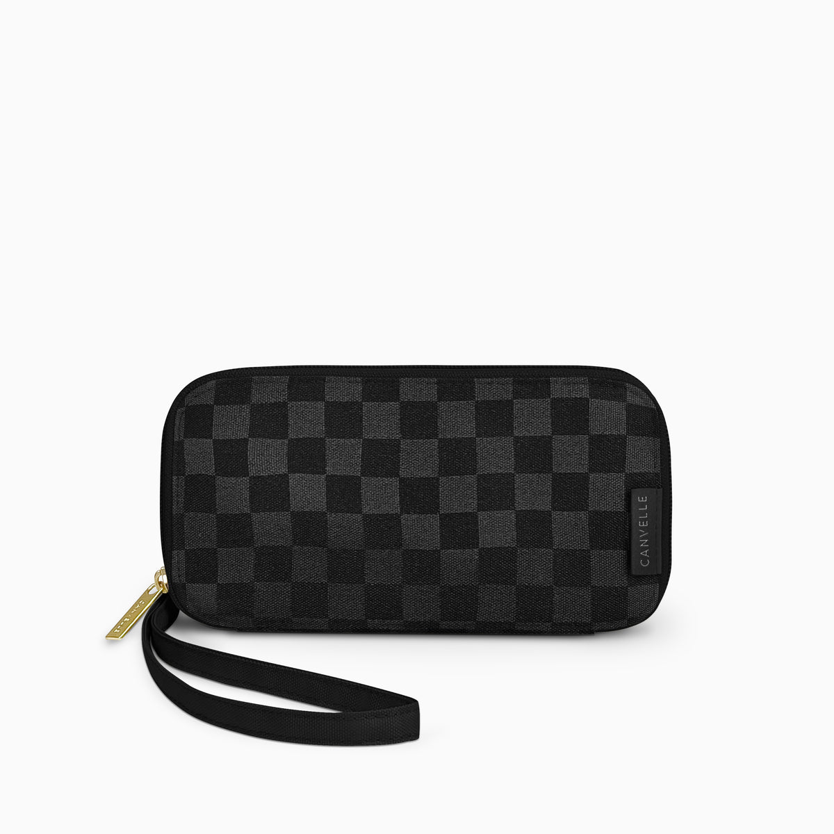 Black checkered Canvelle Wristlet Wallet with gold zip pull and black wrist strap, front view