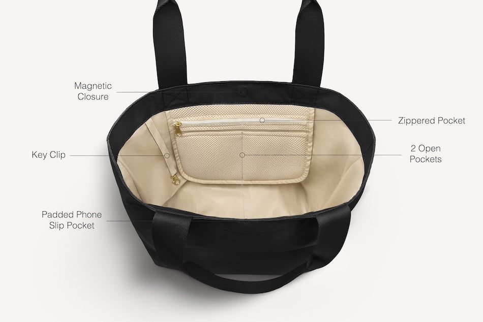 diagram of inside of black carryall tote