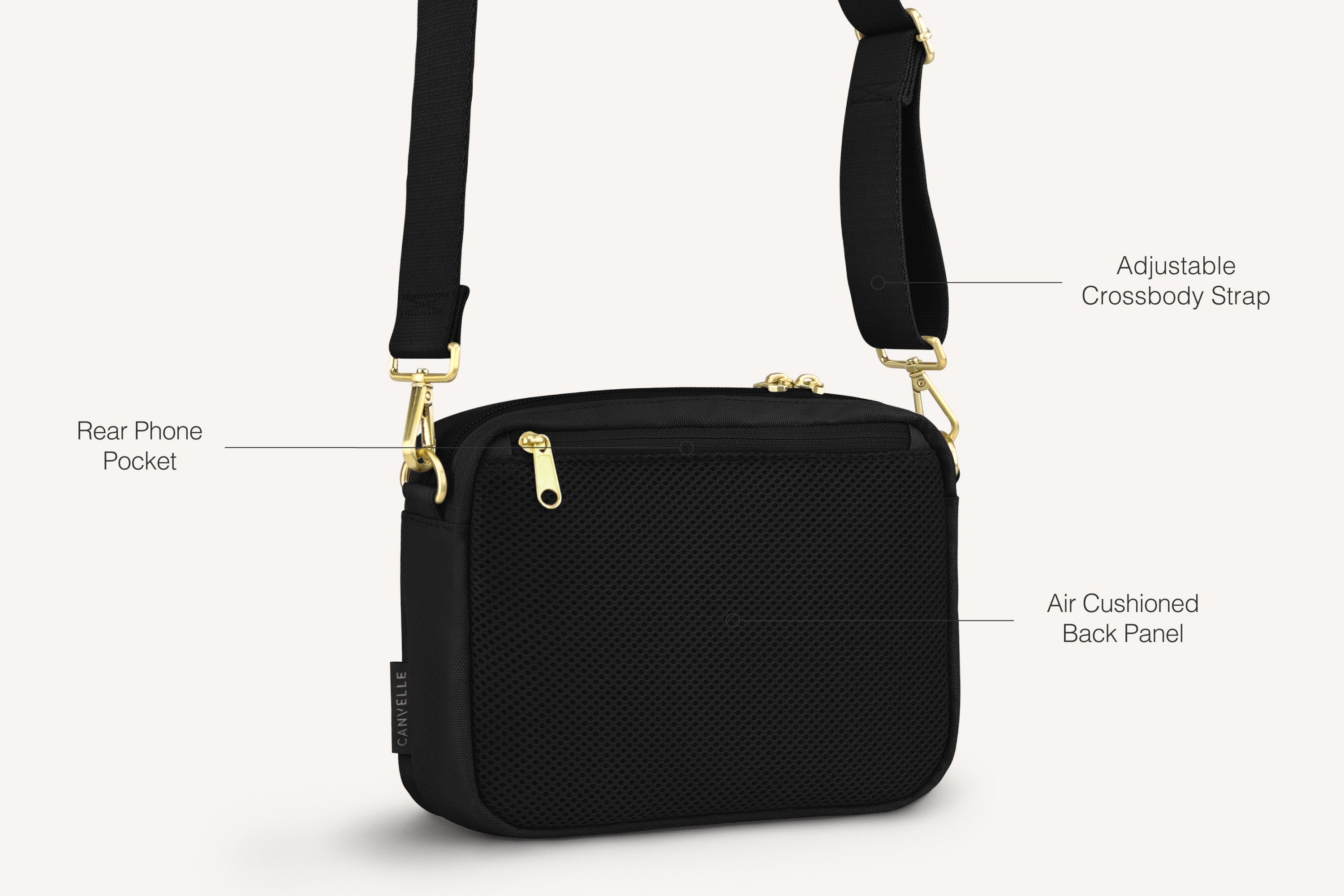 diagram of back of black crossbody bag