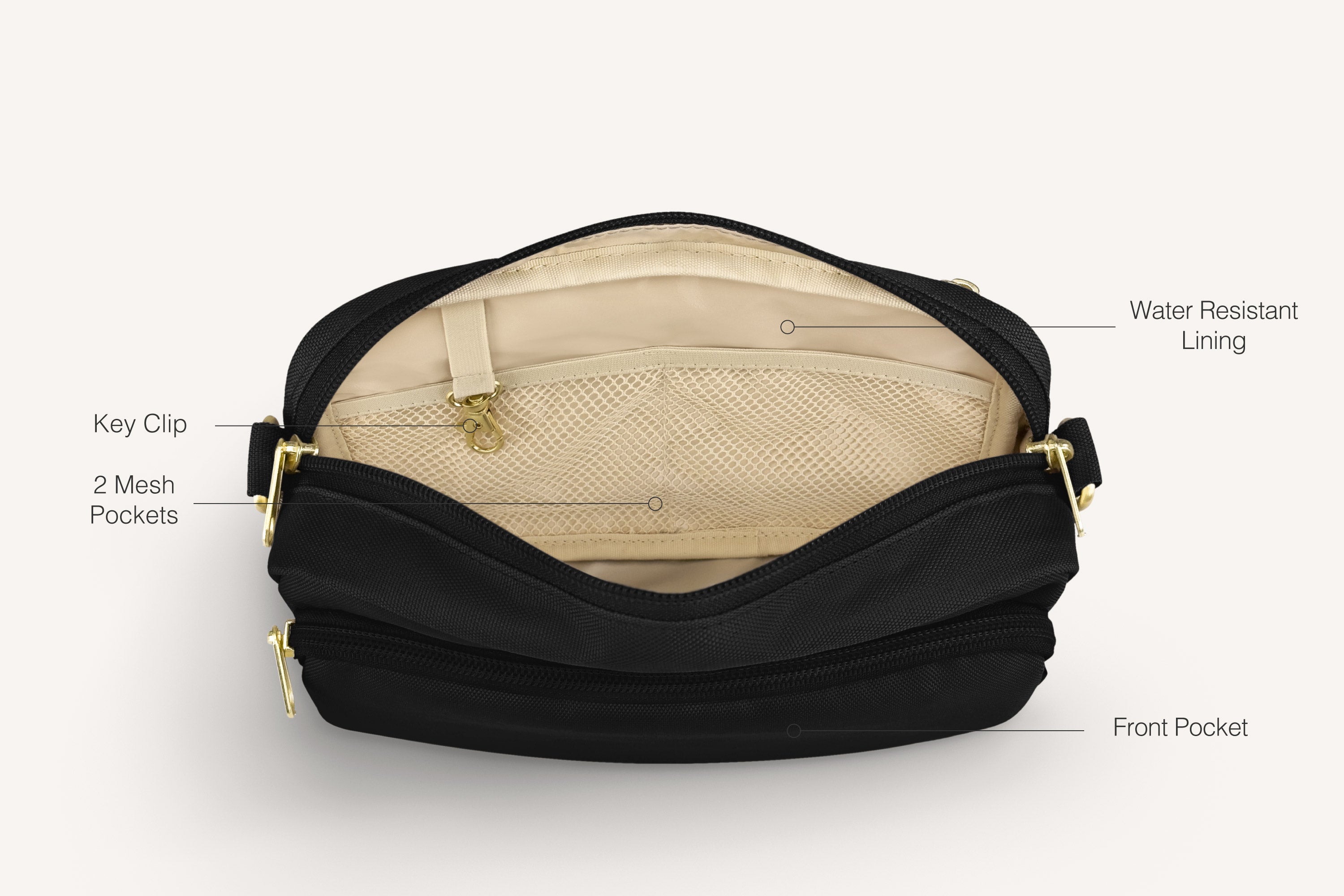 diagram of inside of black crossbody bag