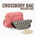 Crossbody Bag Mystery Box: a pink Canvelle City Crossbody Bag, a black and cream checkered fanny pack and a gold chain strap, with the words Crossbody Bag Mystery Box above them