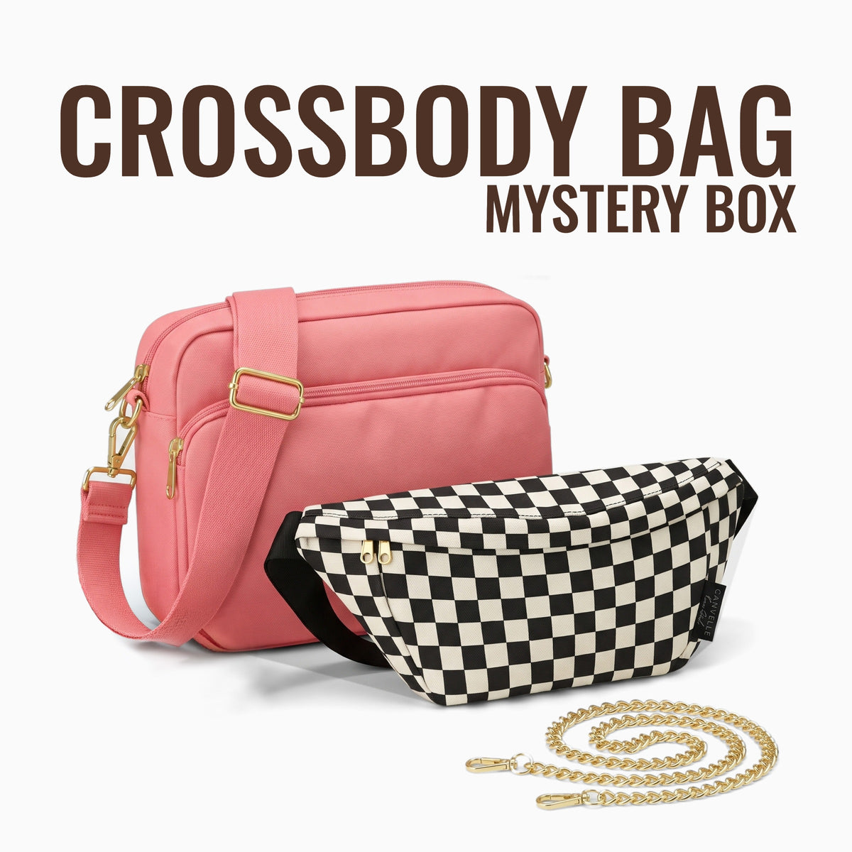 Crossbody Bag Mystery Box: a pink Canvelle City Crossbody Bag, a black and cream checkered fanny pack and a gold chain strap, with the words Crossbody Bag Mystery Box above them
