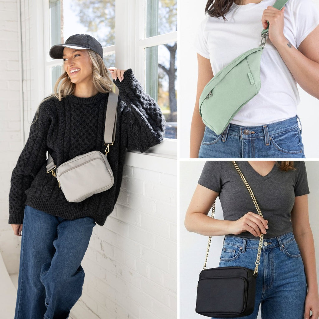Collage of a grey Canvelle crossbody bag, a mint Canvelle fanny pack worn across the chest, and a black crossbody bag on a gold chain strap