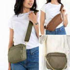 Collage of an olive Canvelle crossbody bag, a brown Canvelle fanny pack worn across the chest, and an olive crossbody bag on a gold chain strap