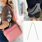 Collage of a pink Canvelle crossbody bag, a checkered Canvelle fanny pack worn across the chest, and a gold chain crossbody strap