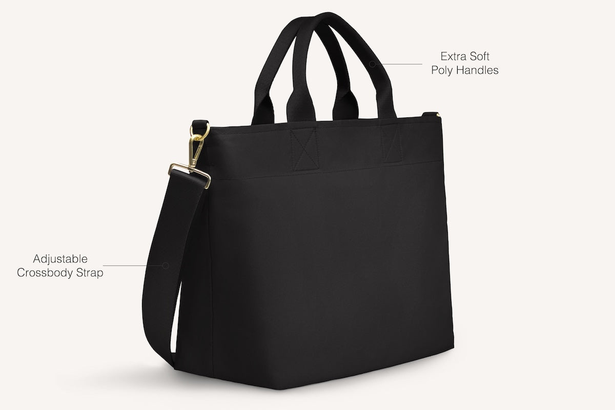 diagram of front of black crossbody tote