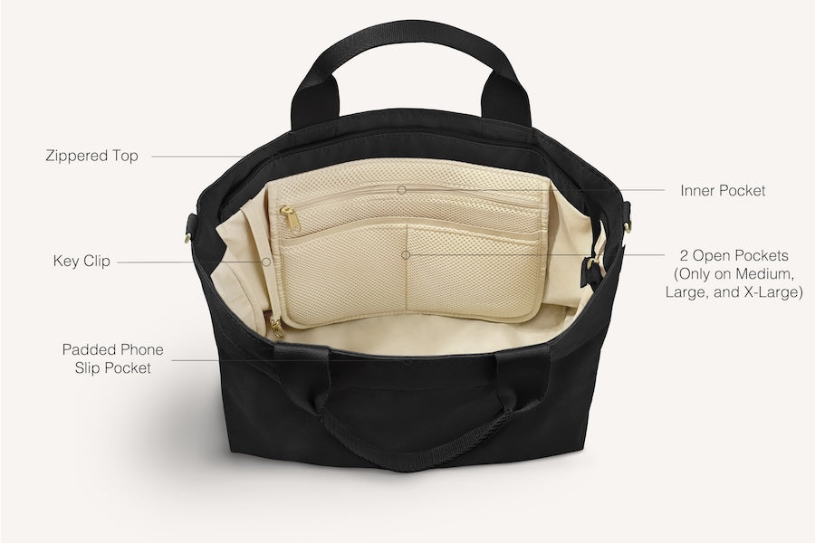 diagram of inside of black crossbody tote