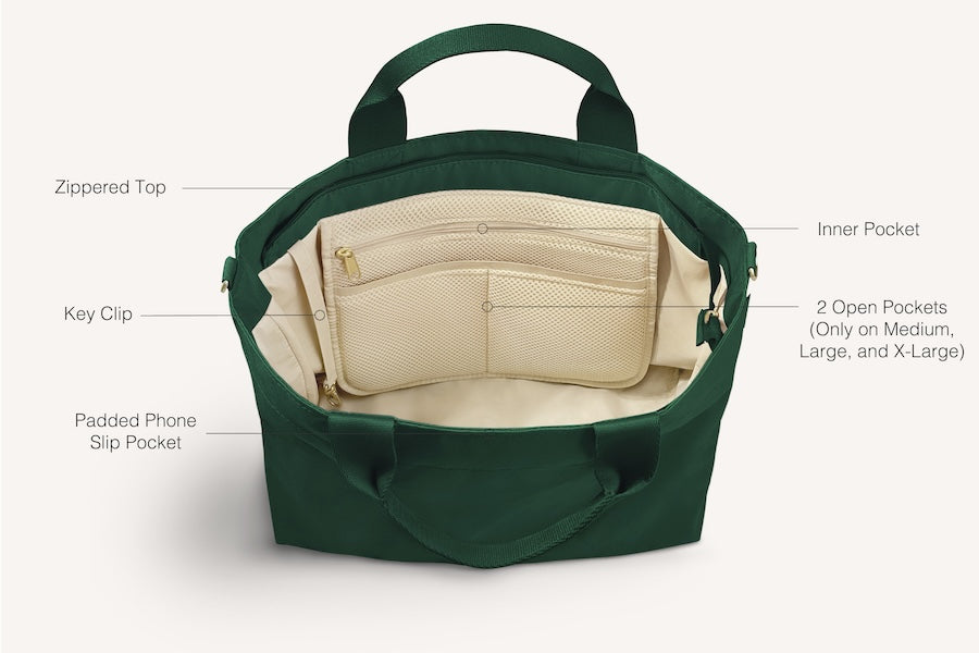 diagram of inside of green crossbody tote