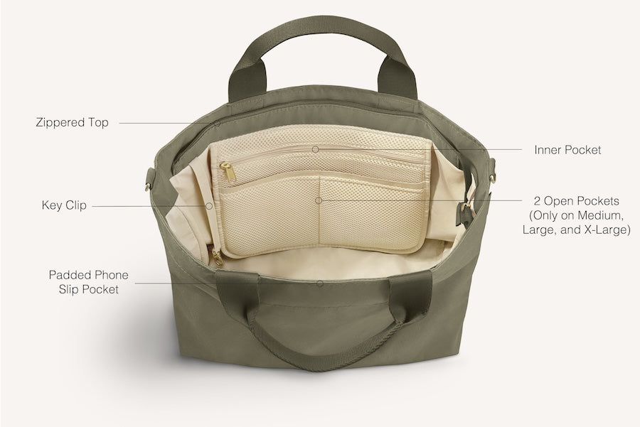 diagram of inside of olive crossbody tote