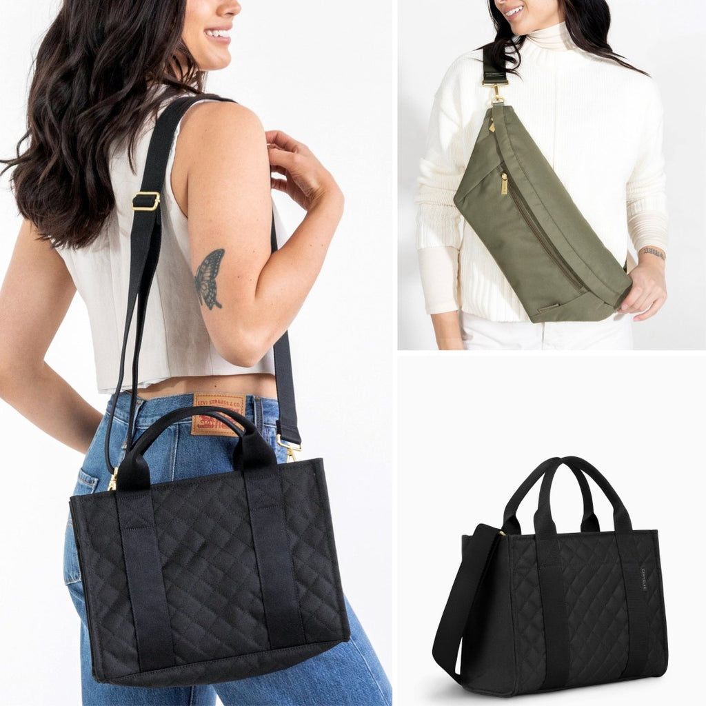 Collage of a black quilted Canvelle tote carried on the shoulder and an olive Canvelle fanny pack worn across the chest