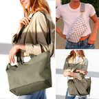 Collage of an olive Canvelle crossbody tote worn on the shoulder and a grey and white checkered Canvelle fanny pack worn across the chest
