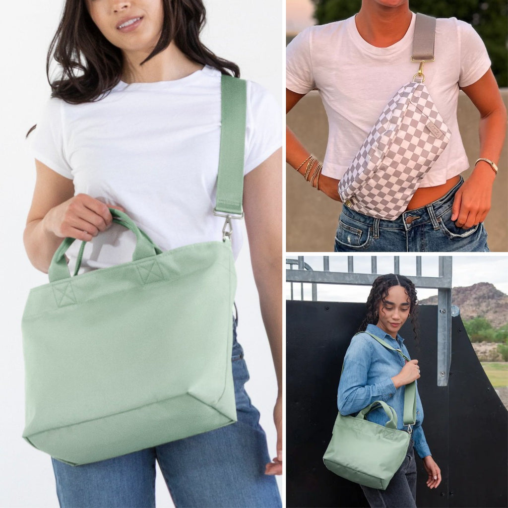 Collage of a mint Canvelle crossbody tote worn on the shoulder and a grey and white checkered Canvelle fanny pack worn across the chest