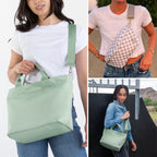 Collage of a mint Canvelle crossbody tote worn on the shoulder and a grey and white checkered Canvelle fanny pack worn across the chest